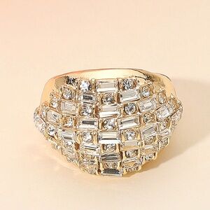 Gold & Silver Checkered Pattern Baguette Stone Embellished Chunky Stretch Ring